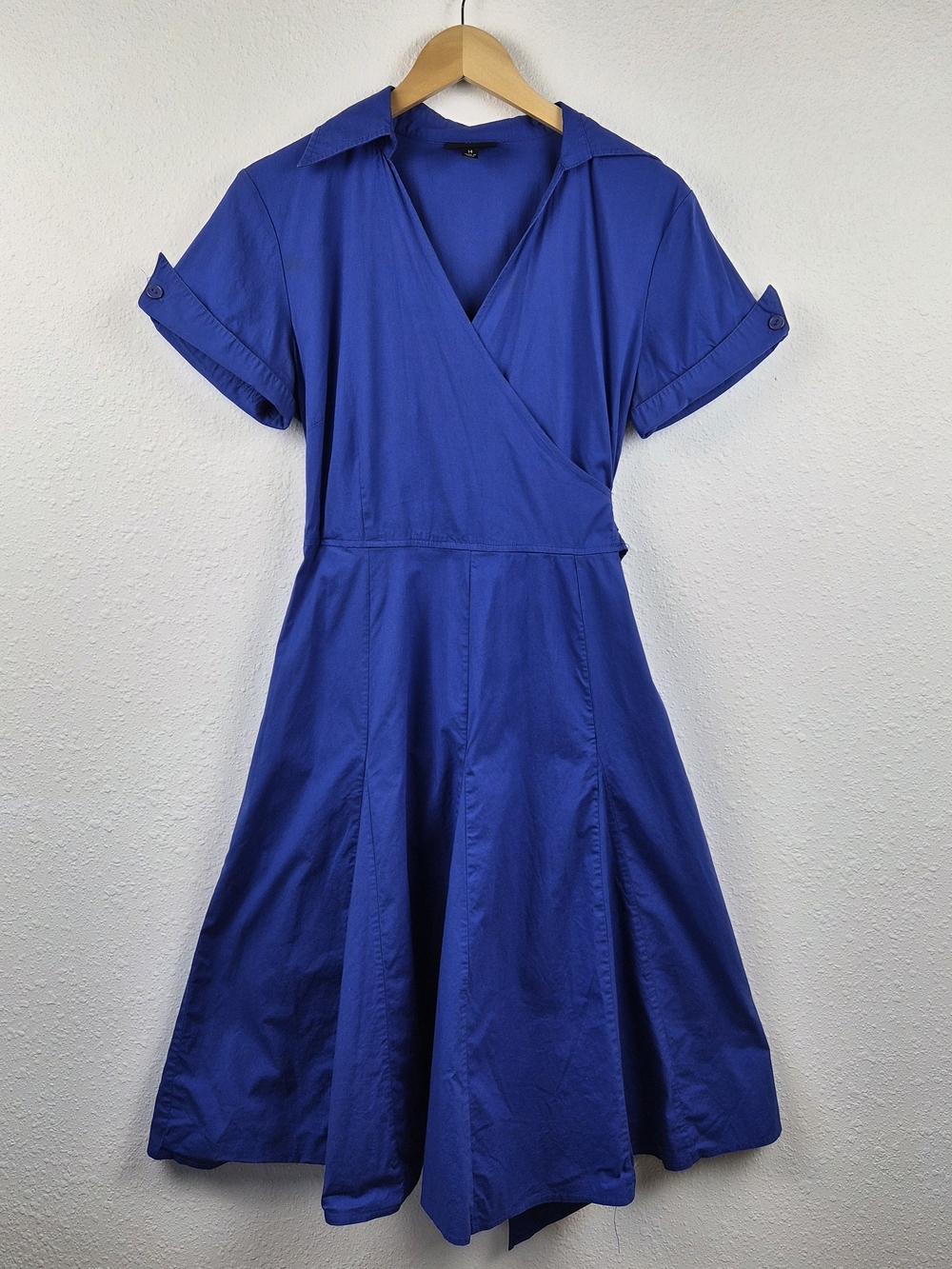 Metrostyle Women’s Blue Wrap Dress Size 14 Fit Flare Belted Cotton Stretch Midi